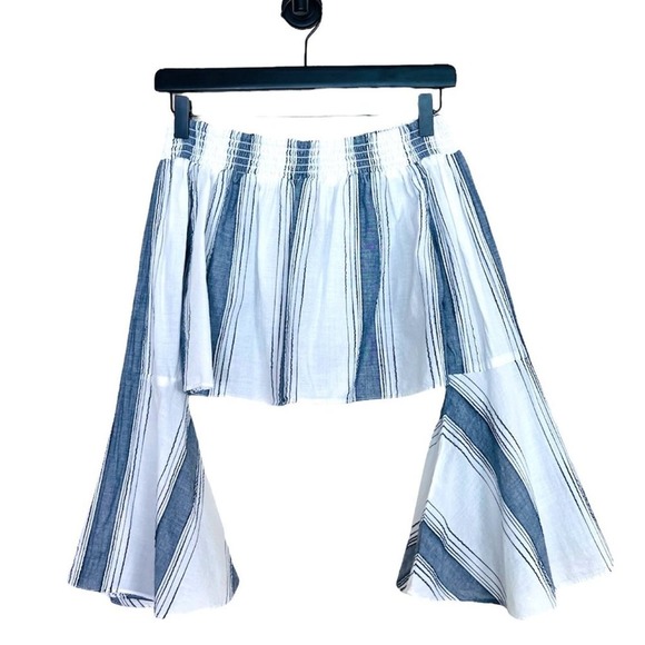 Anthropologie x Lilka Off the Shoulder Top Womens XS Blue White Bell Sleeve - Picture 4 of 10